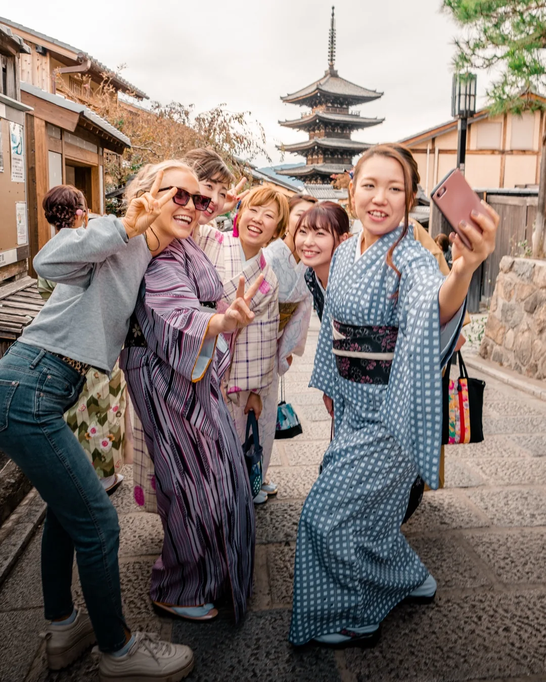 Group of friends in Kyoto's Gion district